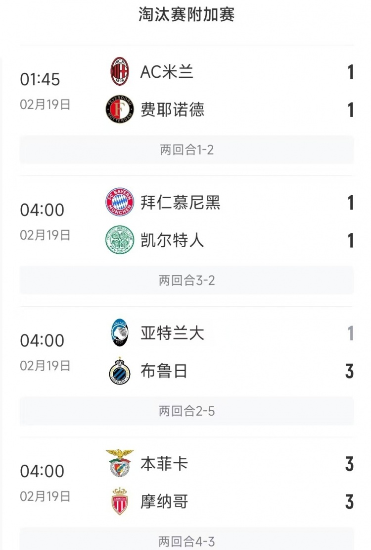 今日欧冠4支五大联赛球队3支遭淘汰,仅拜仁涉险过关